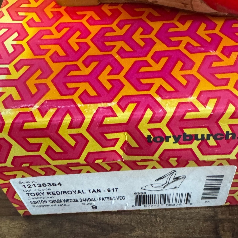 Tory Burch Red and Tan Peep-Toe Wedges Size 9 - Picture 5 of 5